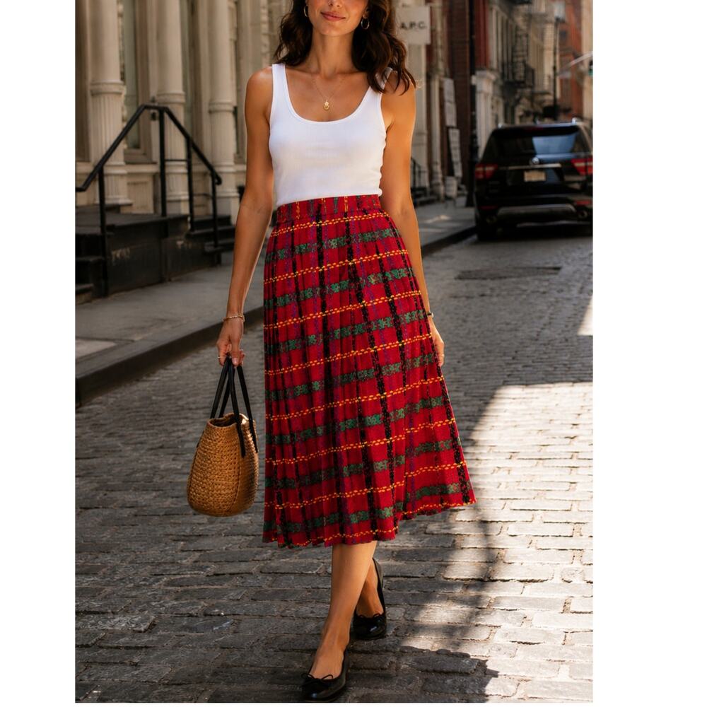 Vintage Andrea Gayle Plaid Pleated Midi Skirt Convertible Mini Dress S M - Picture 12 of 14